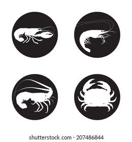 Vector shrimp, lobster, crab and spiny lobster black icons on white background