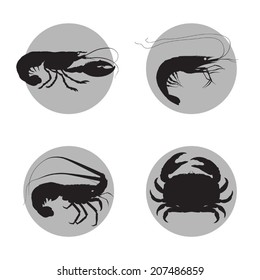 Vector shrimp, lobster, crab and spiny lobster grey and black icons on white background