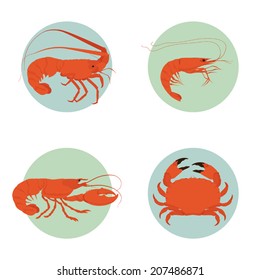 Vector shrimp, lobster, crab and spiny lobster icons on white background
