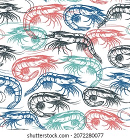 Vector shrimp seamless pattern, seafood background. Prawn illustrations collection