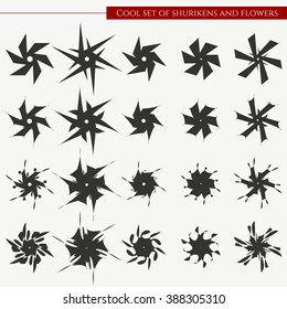 Vector shuriken and flowers blots and patterns set in japanese style