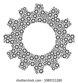 Vector shutter icons are united into cog composition. Technical design concept constructed with shutter pictograms.