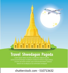 vector of Shwedagon pagoda, Myanmar on blue background with moon and airplane.