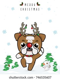 Vector of Siberian Husky cartoon in cute Christmas reindeer red nose costume , winter season , snowflake  and Christmas tree background