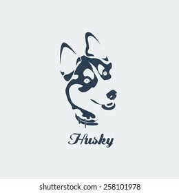 Vector siberian husky with collar. Blue silhouette card. File format eps 10