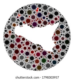 Vector Sicilia map collage of SARS virus. Infection attacks the isolated territory from out space. Hole circle Sicilia map collage created with infection items. Abstraction for pandemic illustrations.
