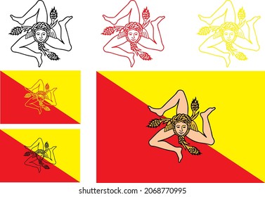 Vector sicilian flag, Sicily Sicilia italian regional crest, emblem, symbol with Trinacria illustration