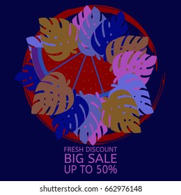 Vector Sicilian orange and monstera leaves, red frame on purple. Orange slice and pink, brown, blue tropical leaves sale 50% banner, round botanical border, crazy colours. Discount poster background.