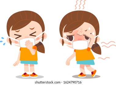 Vector sick girl characters wearing mask, sick kid isolated on white background