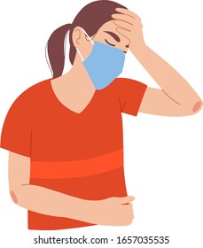 Vector sick girl suffering from ache. Illness and disease symptoms concept. Woman in blue face mask. Concept of coronavirus quarantine. Flat isolated vector illustration on a white background.