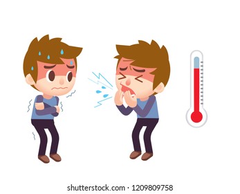 Vector sick, ill male characters with giant thermometer icon 