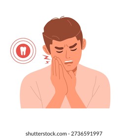 Vector sick man holding his cheek with tooth pain. The patient of dentist with toothache. Dental symptoms of teeth and gum inflammation as a result of caries or pulpitis