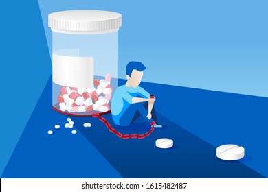 Vector of a sick man with painkiller addiction chained to the bottle of pills 