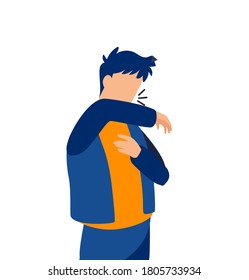 Vector de un enfermo que estornuda y cubre su boca con el codo. 