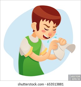 Vector - Sick man. Unhappy character. Vector cartoon illustration. Boy with handkerchief in hand. Season allergy