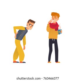 vector sick people set. Man in scarf suffering from runny nose, headache and temperature, sneezing, holding cup of beverage, pills, spray, another man suffering from backache. Isolated illustration
