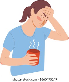Vector sick sad girl with fever holding hot drink in a red cup. Illness and disease symptoms concept. Flat isolated vector illustration on a white background.