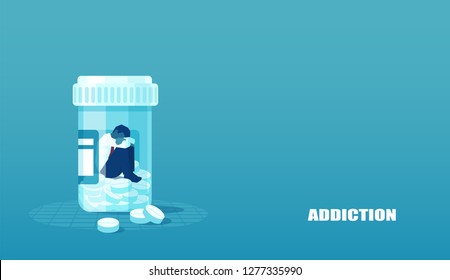 Vector of a sick sad patient man in depression drowning in medications sitting inside a bottle. Concept of drug addiction. 