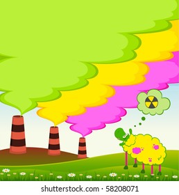 Vector sick sheep looks as a factory is contaminated by atmosphere by poisonous garbage
