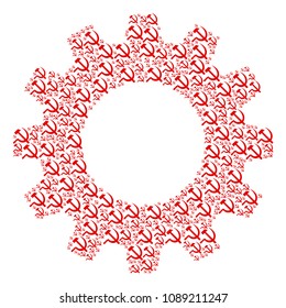 Vector sickle and hammer icons are formed into gearwheel composition. Equipment design concept constructed from sickle and hammer objects.