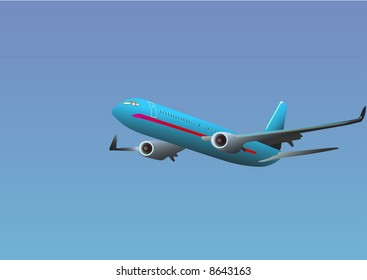 Vector - Side view of an airplane against blue sky.