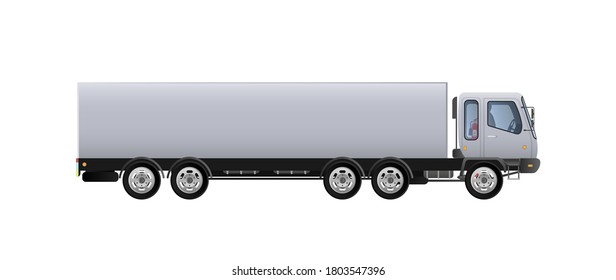 Vector side view of a big truck. Delivery of cargo concept. Solid and flat color design. White truck for transportation. Isolated on a white background.