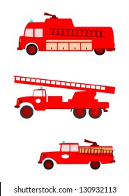 Vector. Side view of colorful retro silhouette fire engines on a white background. With place for any text. Without gradients.