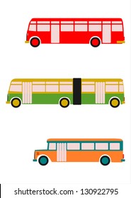Vector. Side view of colorful silhouettes of retro bus on white background. With place for any text. Without gradients.
