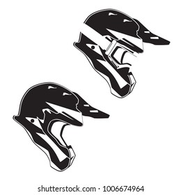 Vector side view illustration of race motorcycle, hovering motorcycle rider protective gear. Helmet single and helmet with goggles black templates. Flat style design.