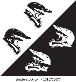 Vector side view illustration of race motorcycle, hovering motorcycle rider protective gear. Helmet single and helmet with goggles black and white templates. Flat style design.