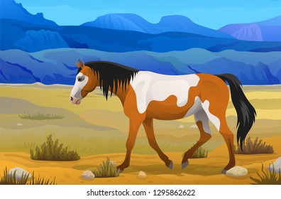 Vector side view indian horse wild mustang piebald color scenic prairie or steppe landscape with beautiful mountains wild west 