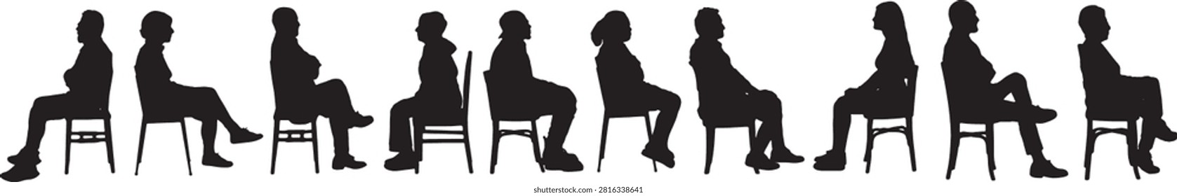 vector, side view of line of silhouette of a  group of women a and men sitting on chair