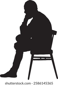 vector; side view silhouette of man thinking about sitting on a chair