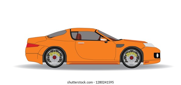 Vector side view of super car orange color and take off roof on white ground with shadow on the floor.