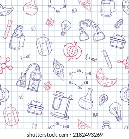 Vector sience semless pattern with school and academy supples. Repeat ornament with textured background. Doodle design by blue ball pen on notepad. Back to school pattern. Medicine and lab elements.