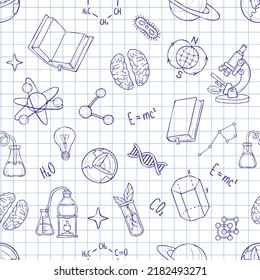 Vector sience semless pattern with school and academy supples. Repeat ornament with textured background. Doodle design by blue ball pen on notepad. Back to school pattern. Medicine and lab elements.