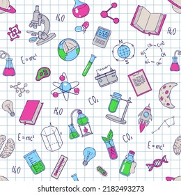 Vector sience semless pattern with school and academy supples. Repeat ornament with textured background. Doodle design by blue ball pen on notepad. Back to school pattern. Medicine and lab elements.