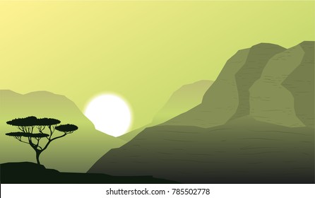 vector sierra landscape illustration.. tree silhouette and mountains