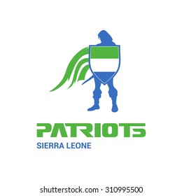 Vector Sierra Leone Flag Patriots Soldier Logo. Mascot Character Design. Memorial Day Army man with Shield. Vector Freedom Leader Logo illustration