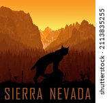 vector Sierra Nevada range mountains  with  wild lynx