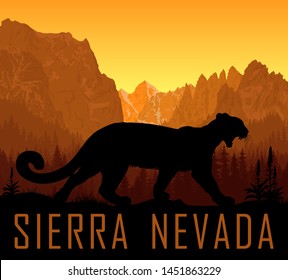 vector Sierra Nevada range mountains  with puma cougar (Puma concolor) or mountain lion 