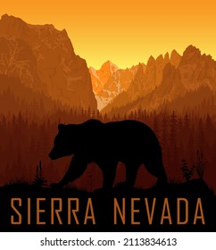 vector Sierra Nevada range mountains  with black bear