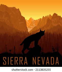 vector Sierra Nevada range mountains  with  wild lynx