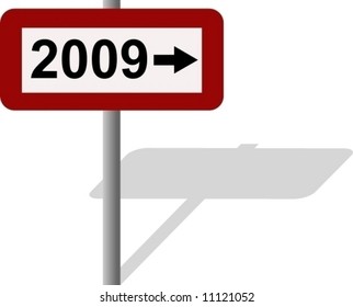 Vector of sign with 2009 and arrow pointing to the right - with floor shadow