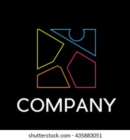 Vector sign abstract happy child jumping, in linear style on black background