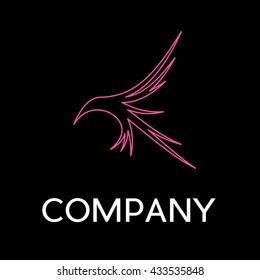 Vector sign abstract hummingbird in flight, in linear style on black background