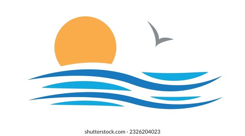 Signo vectorial vacaciones abstractas de verano, sol en olas mar con gaviota