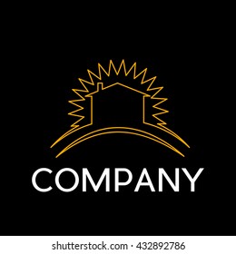 Vector sign abstract sun and house, in linear style on black background