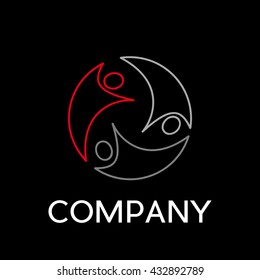 Vector sign abstract teamwork, in linear style on black background