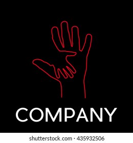 Vector sign abstract two hands, help and solidarity, in linear style on black background
